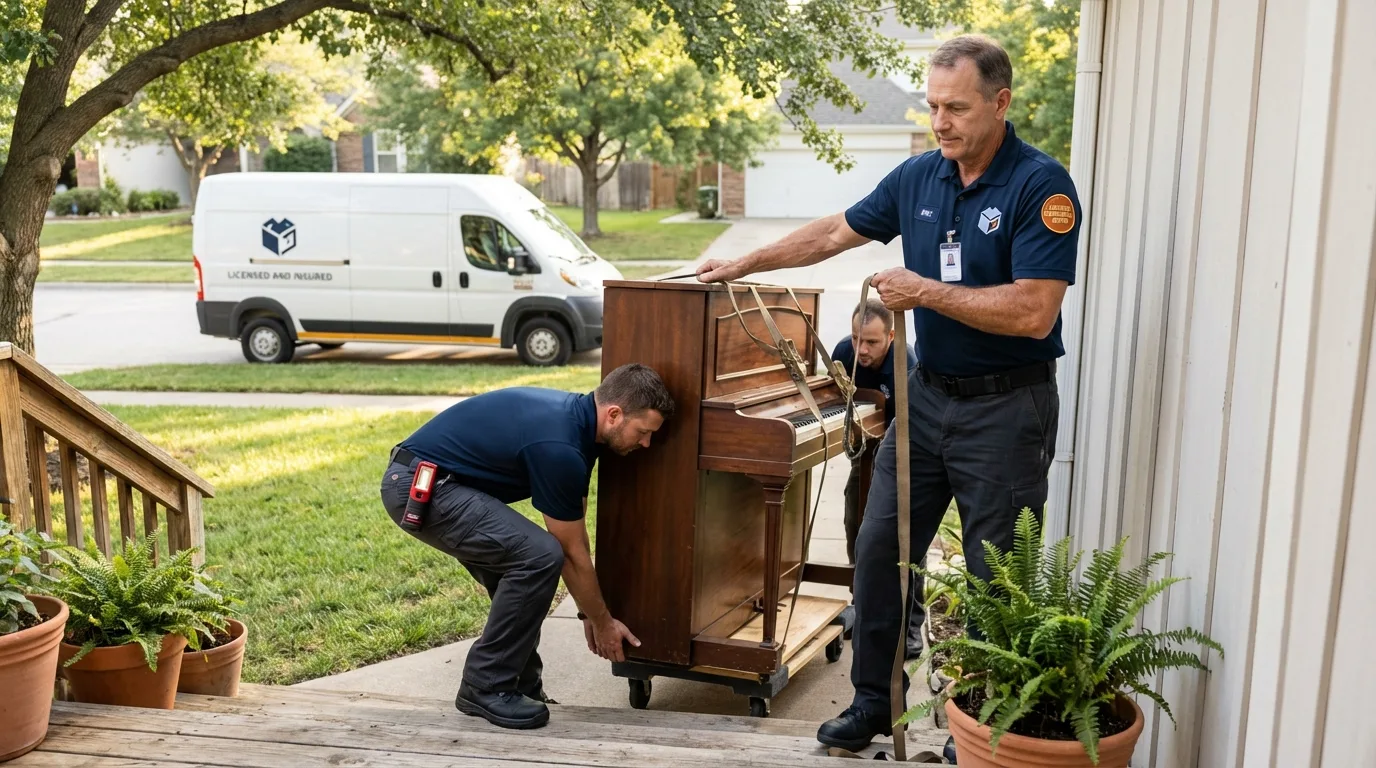 Licensed piano movers securing grand piano in Lost Hills, CA