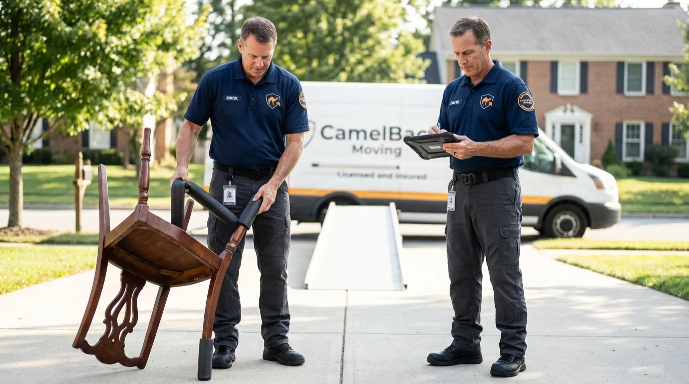 Movers inspecting furniture for damage prevention before loading in Lost Hills, CA
