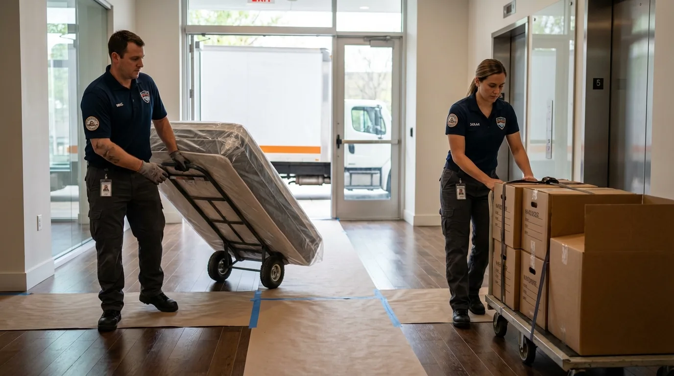 Professional apartment movers loading elevator in Lost Hills, CA