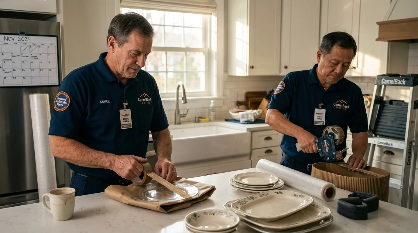 Professional crew packing kitchen dishware in Lost Hills, CA